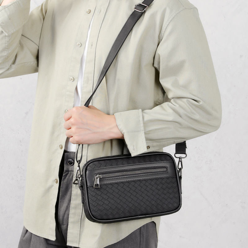 メンズシングルショルダー クロスボディバッグ  編み込み PUレザー ビジネス